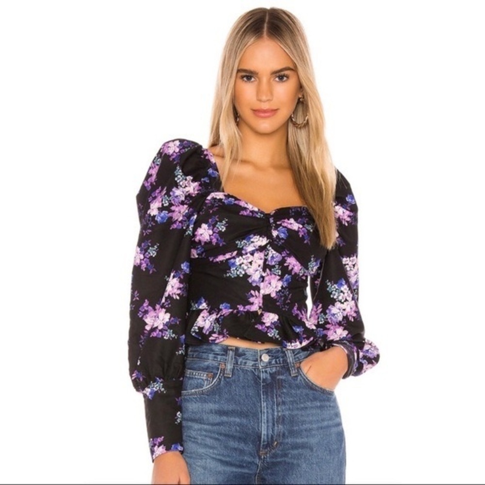 Lovers + Friends Tayla Floral Puff Sleeve Black Purple Blouse NWT Size Large